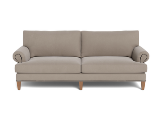 Traditional style roll arm Carlisle sofa with tapered wood legs and nail head trim